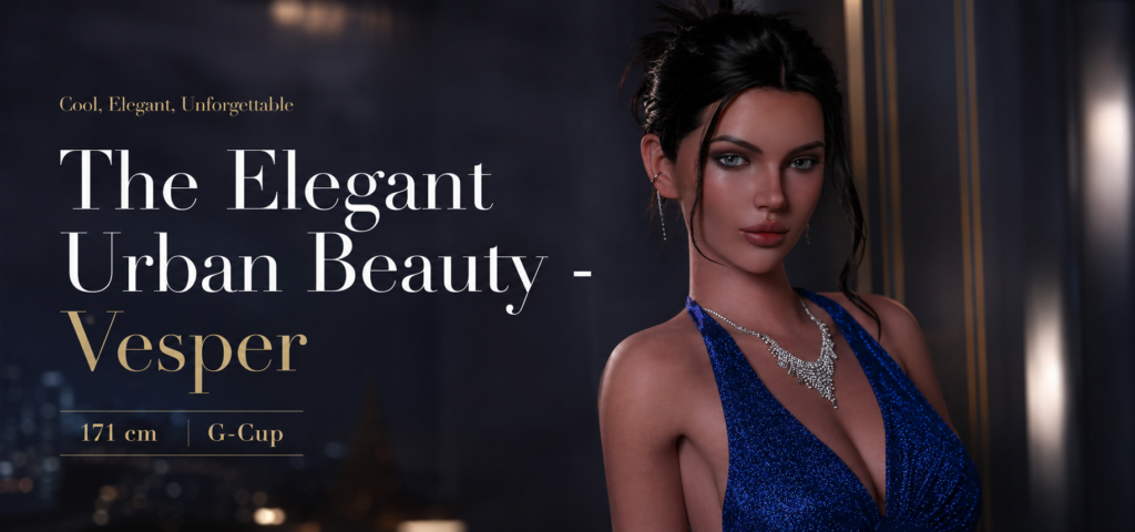 Haptelle tall sex doll Vesper with runway-inspired elegance and sophisticated style